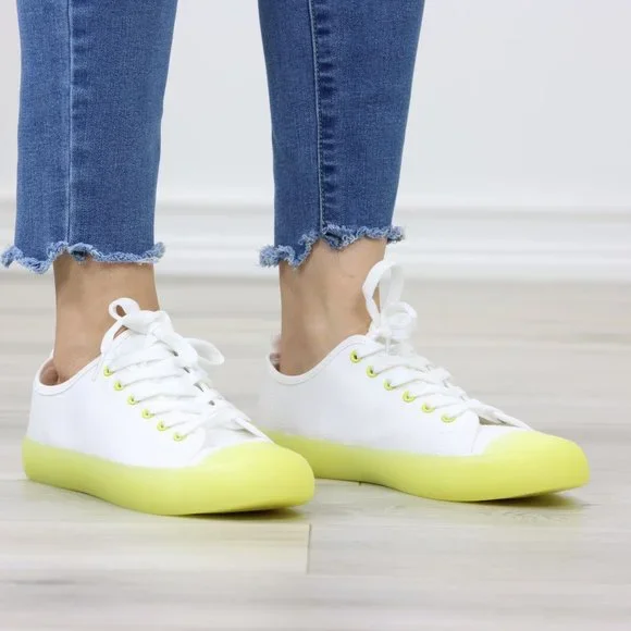 White & Neon Canvas Fabric Fashion Comfort Low Top Sneakers Shoes - Picture 3 of 14
